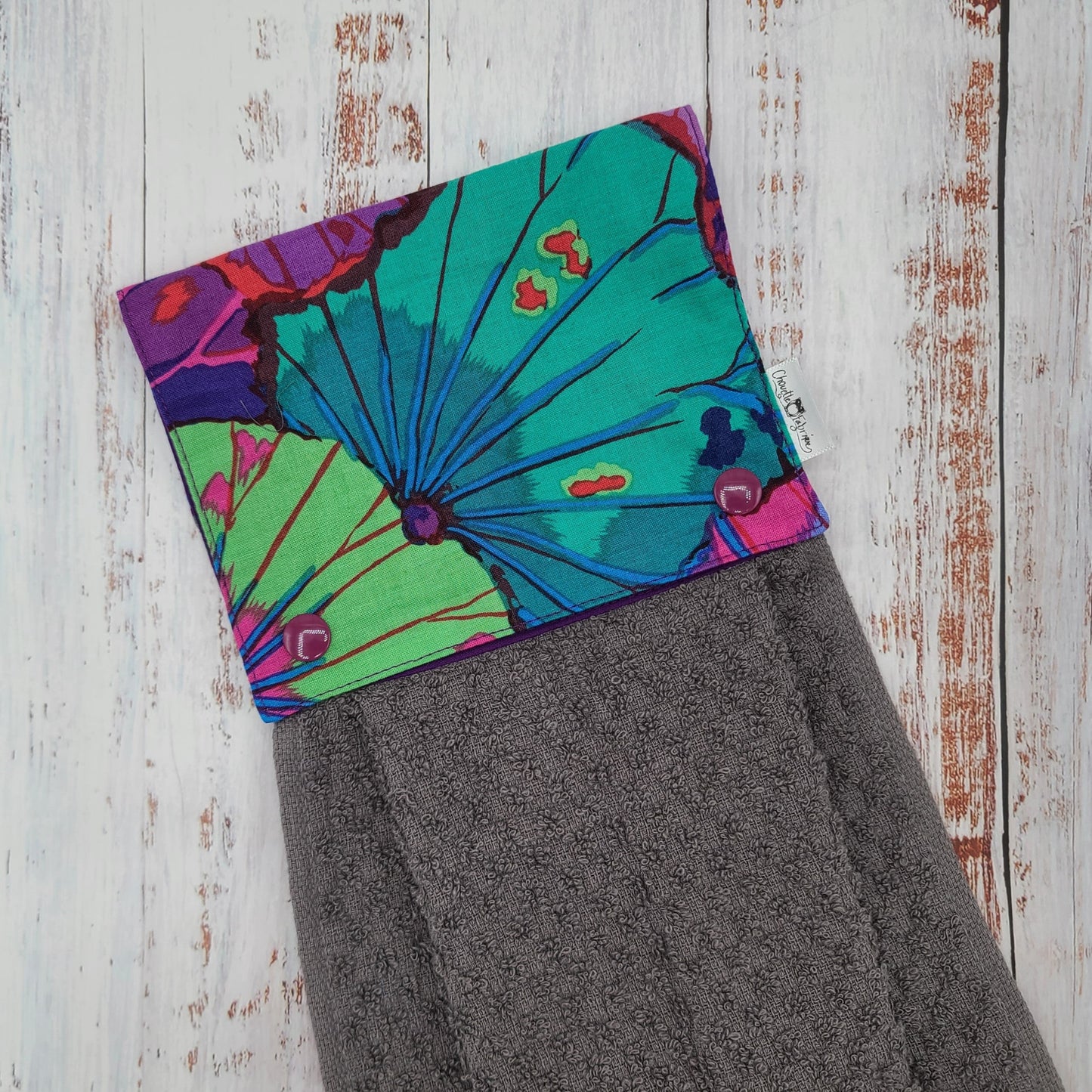 Essuie-mains - Serviette à mains - Cuisine/VR(Camping) - Serviette grise - Fleurs (Violet, Vert, Bleu, Fuchsia, Lilas)