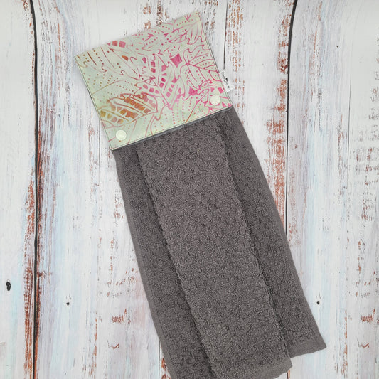 Essuie-mains - Serviette à mains - Cuisine/VR(Camping) - Serviette grise - Feuilles d'arbres (Teintes rouges/verts)