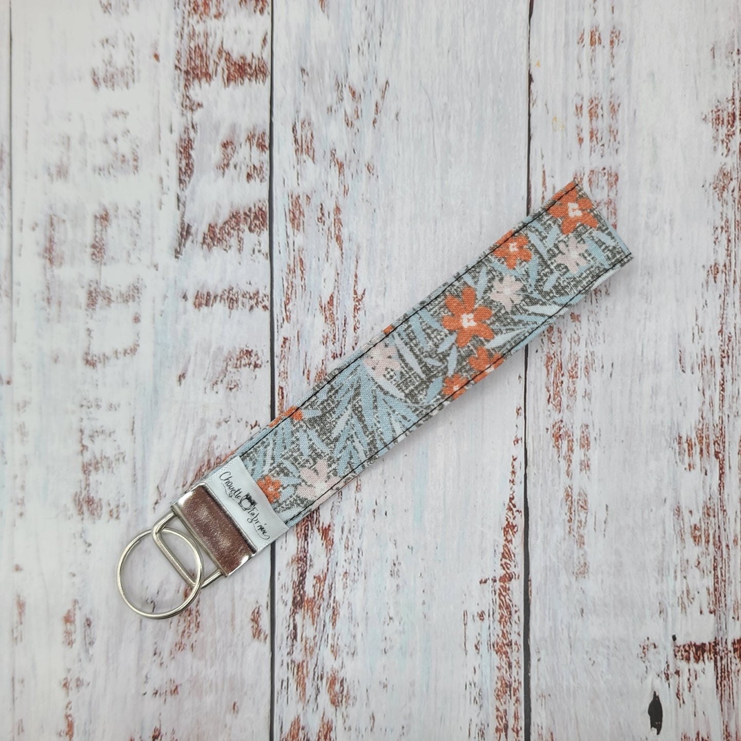 Porte-clé - Dragonne - Poignet - Fleurs orangées, poudre et taupe (Sans impression, motifs tout le tour)