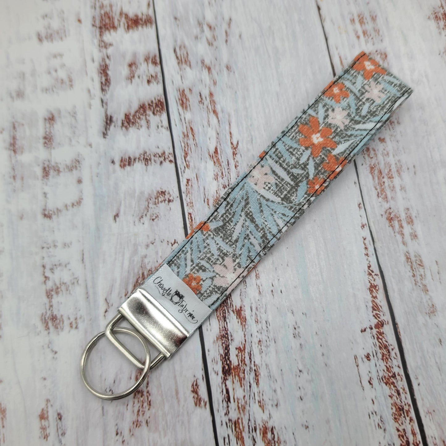 Porte-clé - Dragonne - Poignet - Fleurs orangées, poudre et taupe (Sans impression, motifs tout le tour)