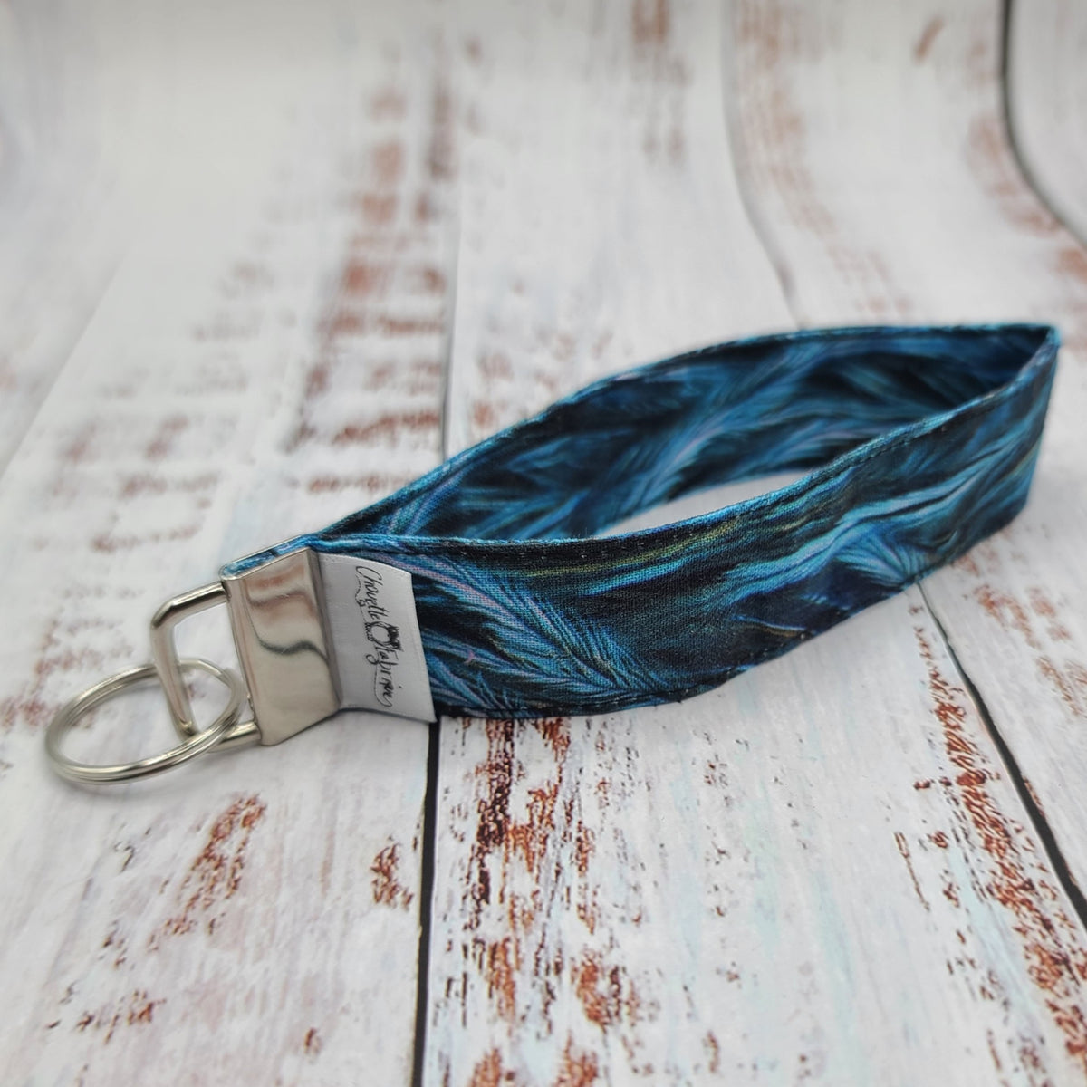 Porte-clé - Dragonne - Poignet - Plumes bleue (Sans impression, motifs tout le tour)