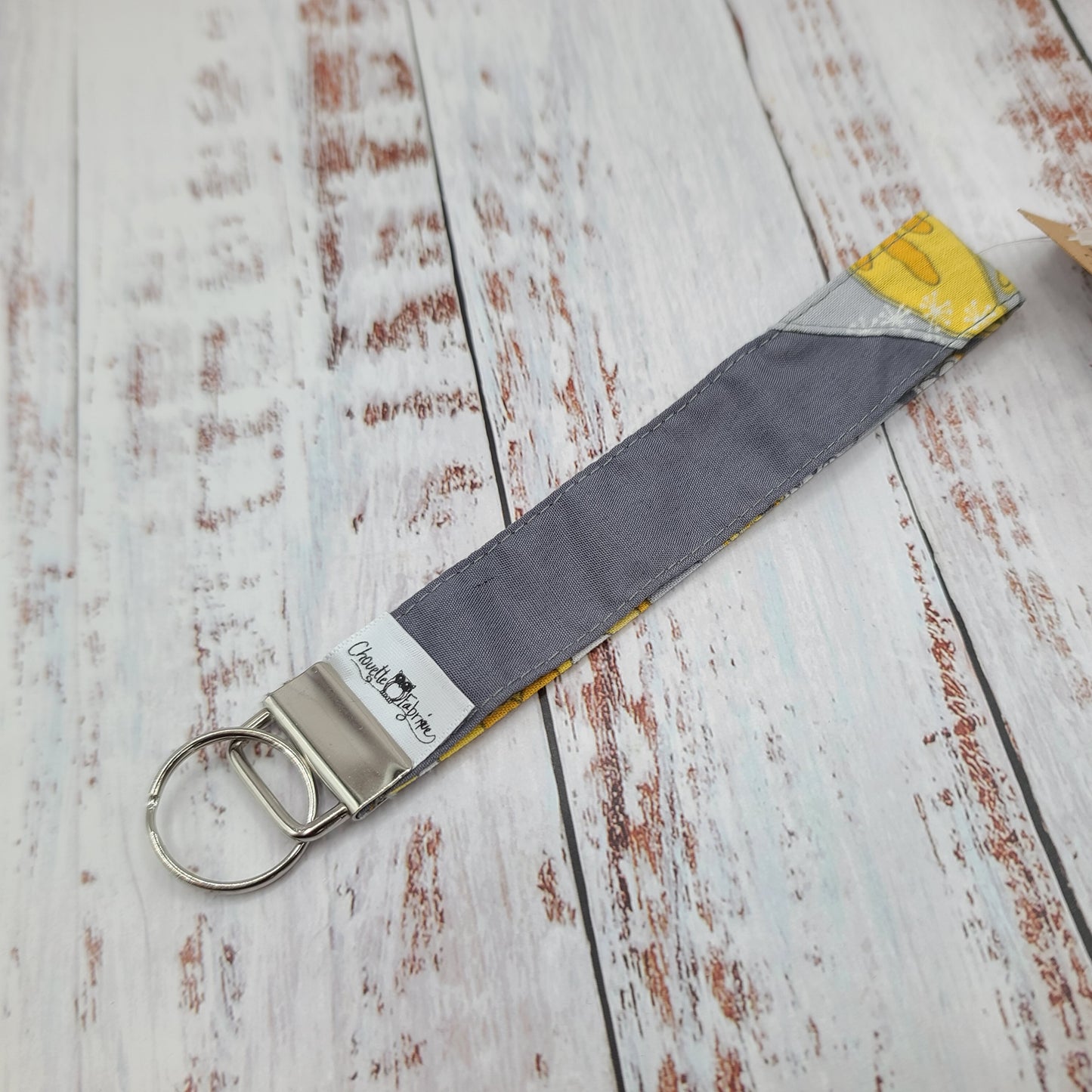 Porte-clé - PERSONNALISÉ - Dragonne - Poignet - Fleurs jaunes - Bande grise