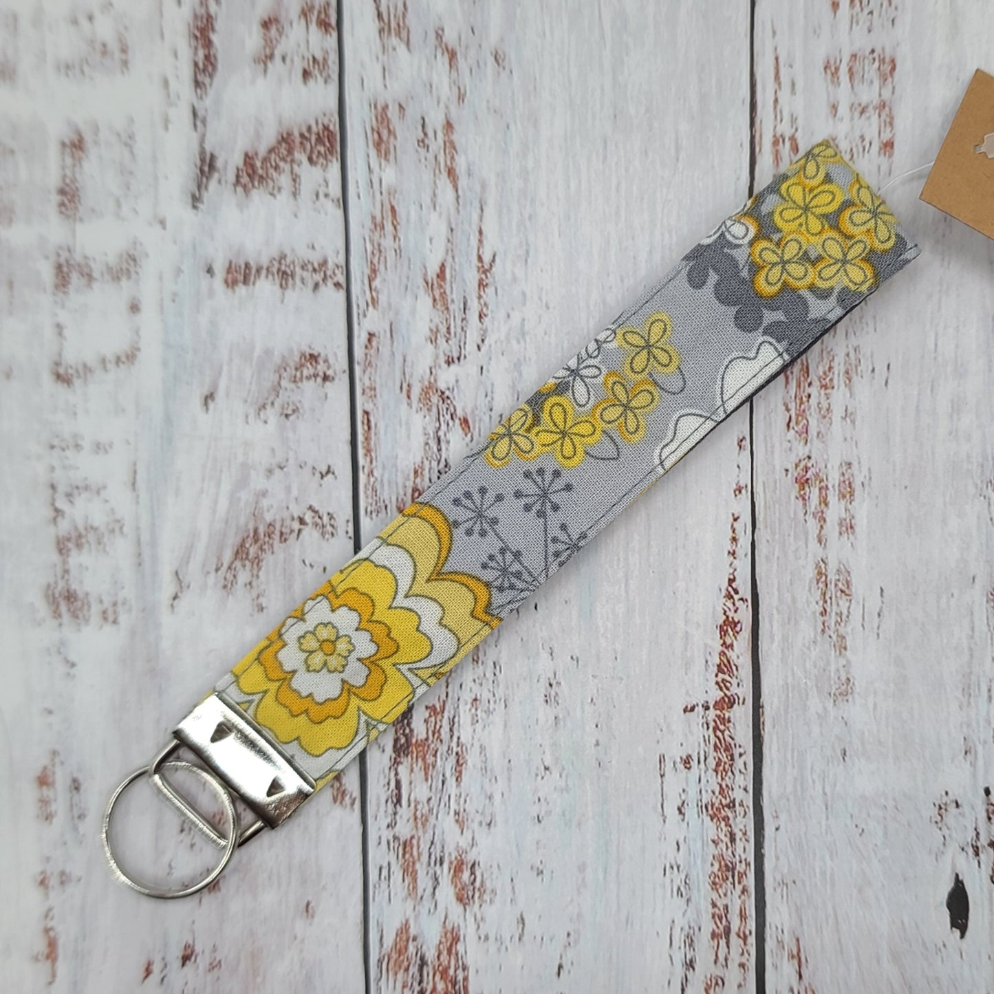 Porte-clé - PERSONNALISÉ - Dragonne - Poignet - Fleurs jaunes - Bande grise
