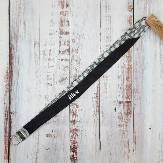 Porte-clé personnalisé (Prénom, Nom, Petite pensée, Enseignants, Merci) - Dragonne - Géométrique Cercles blanc / Hachuré noir - Bande Noire