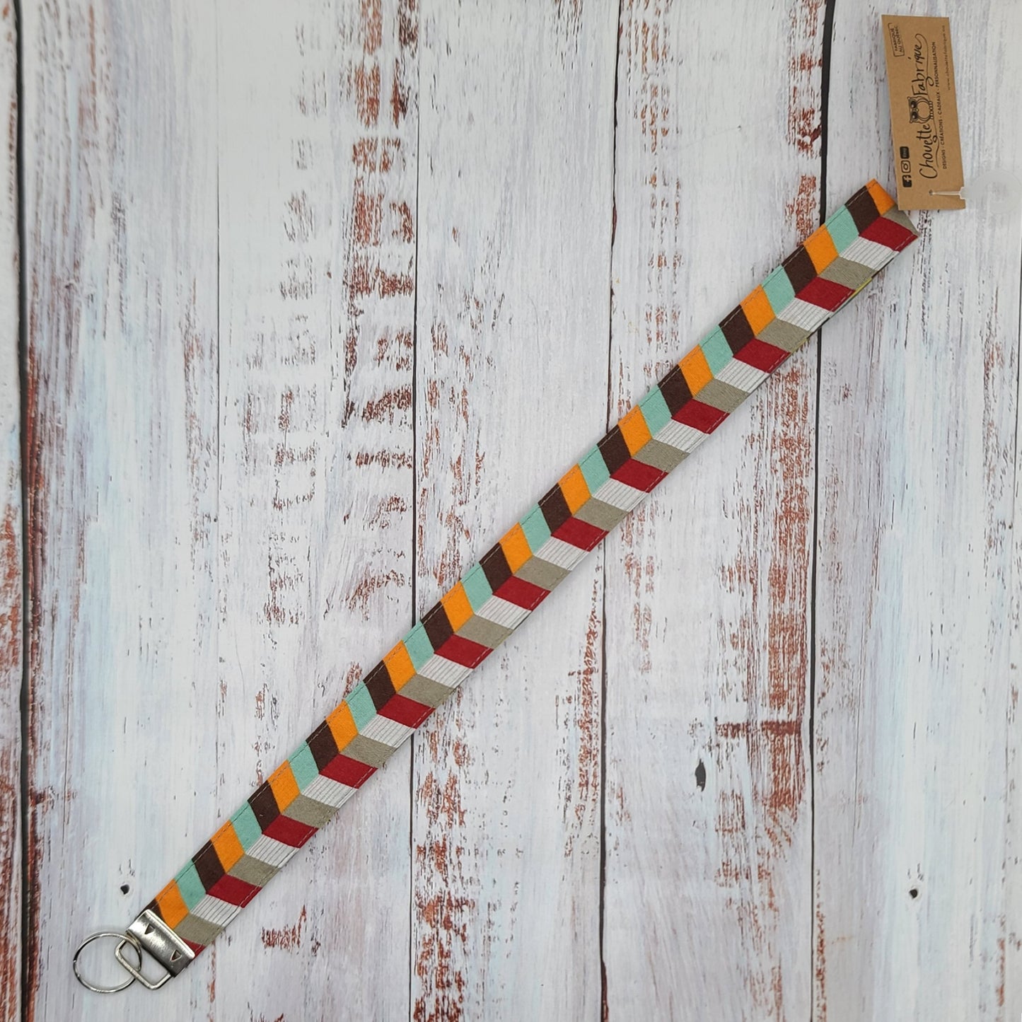 Porte-clé personnalisé (Prénom, Nom, Petite pensée, Enseignants, Merci) - Dragonne - Géométrique Multi Couleurs (Taupe/Aqua) - Bande grise