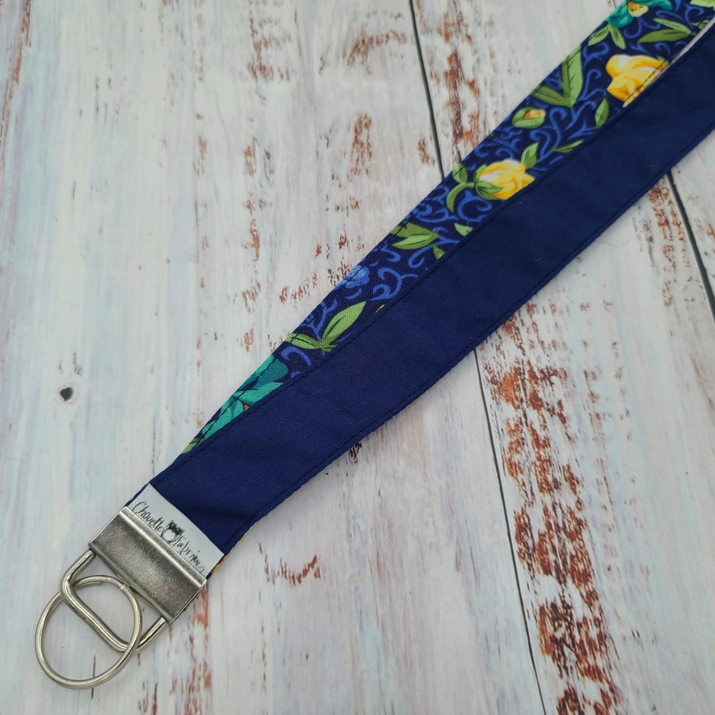 Porte-clé personnalisé (Prénom, Nom, Petite pensée, Enseignants, Merci) - Dragonne - Fleurs marines et jaunes
