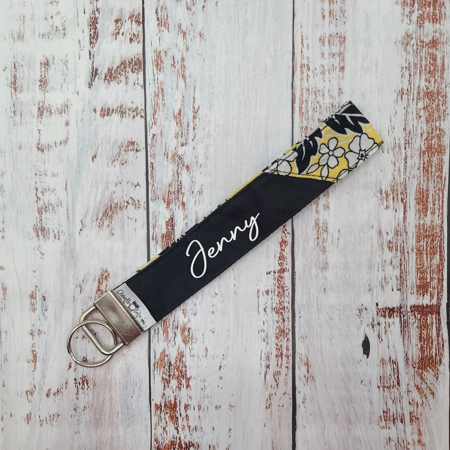 Porte-clé - PERSONNALISÉ - Dragonne - Poignet - Fleurs - Jaunes/Blanches - Bande noire