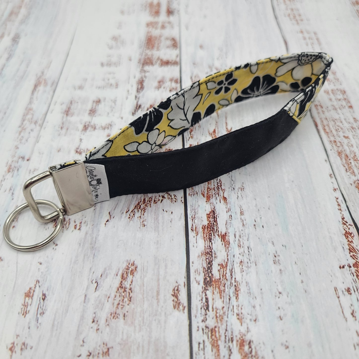 Porte-clé - PERSONNALISÉ - Dragonne - Poignet - Fleurs - Jaunes/Blanches - Bande noire