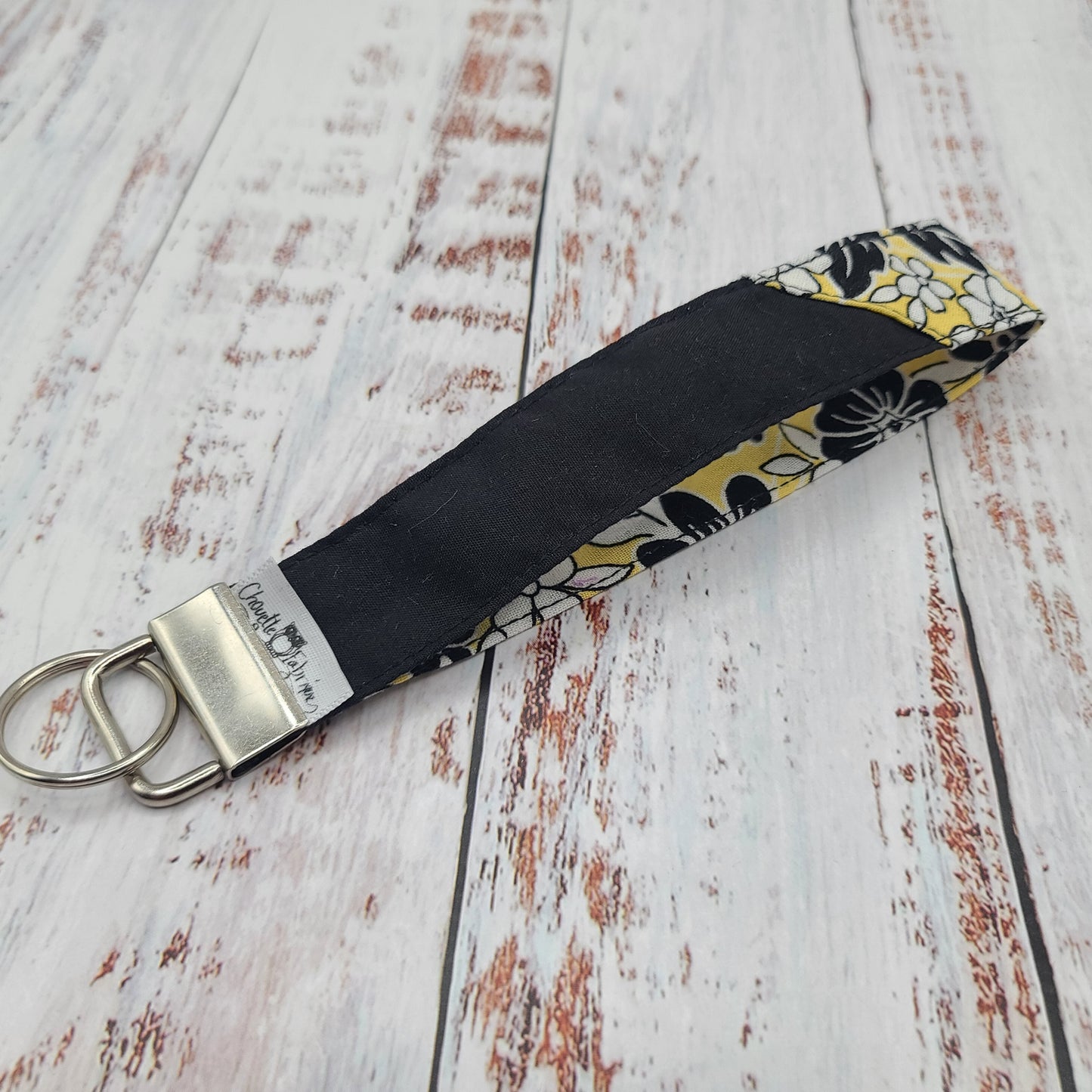Porte-clé - PERSONNALISÉ - Dragonne - Poignet - Fleurs - Jaunes/Blanches - Bande noire
