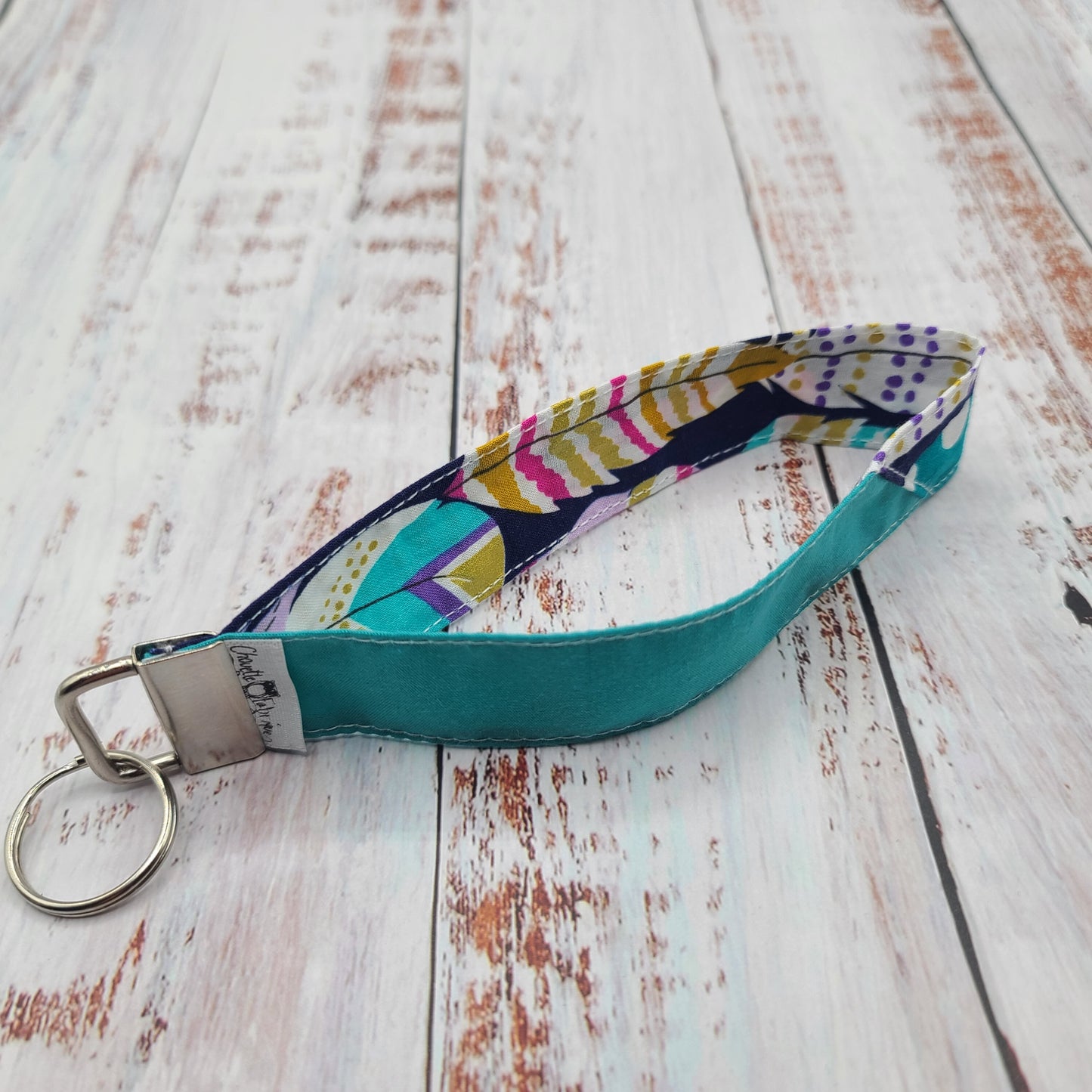 Porte-clé - PERSONNALISÉ- Dragonne - Poignet - Plumes - Bande turquoise
