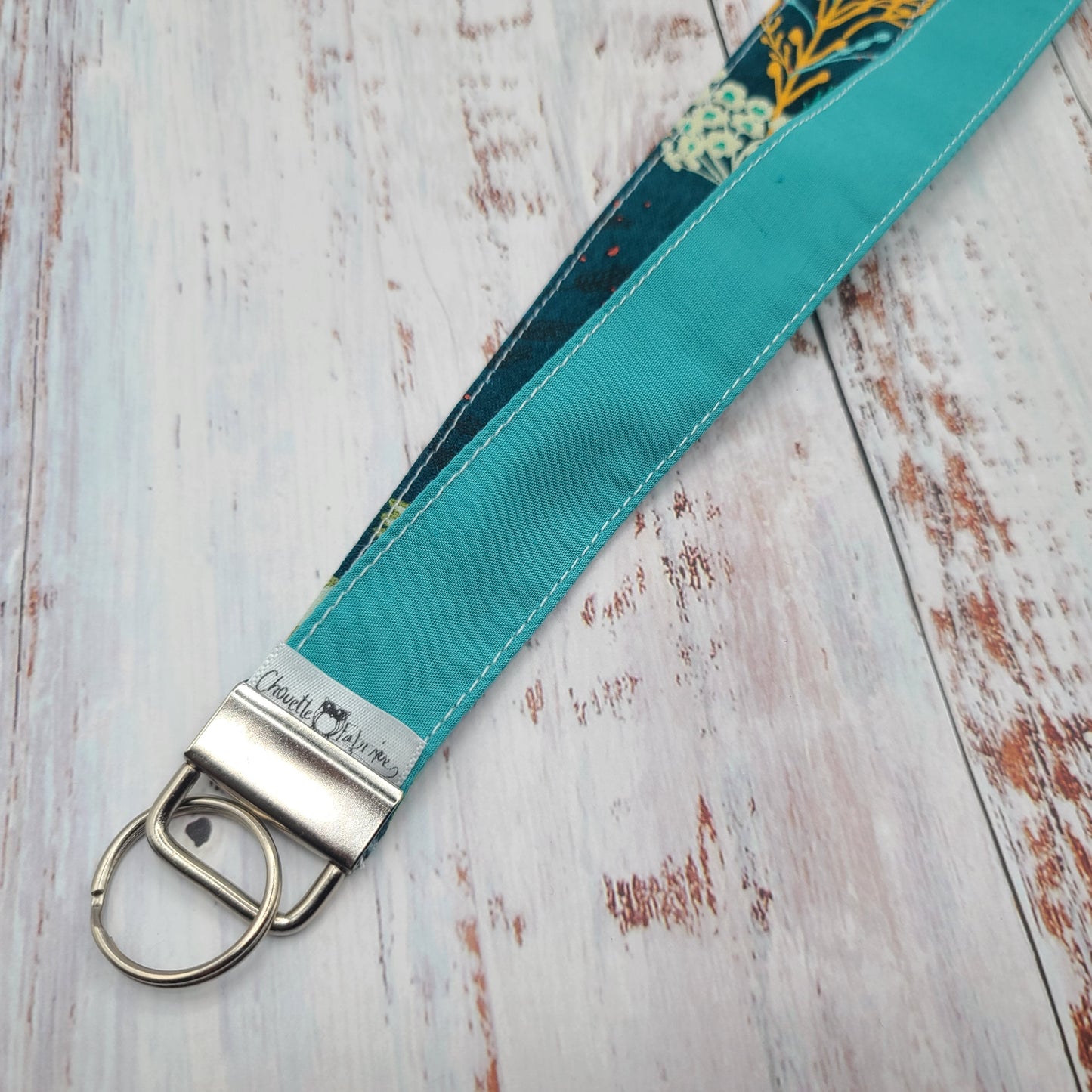 Porte-clé personnalisé (Prénom, Nom, Petite pensée, Enseignants, Merci) - Dragonne - Fleurs sur tiges - Bande turquoise