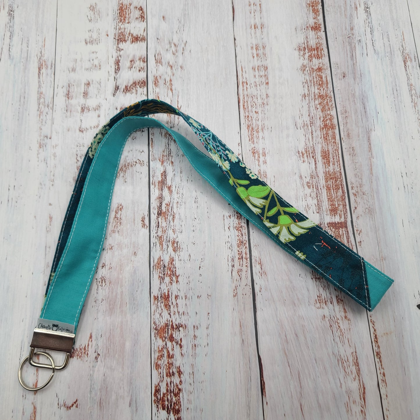 Porte-clé personnalisé (Prénom, Nom, Petite pensée, Enseignants, Merci) - Dragonne - Fleurs sur tiges - Bande turquoise