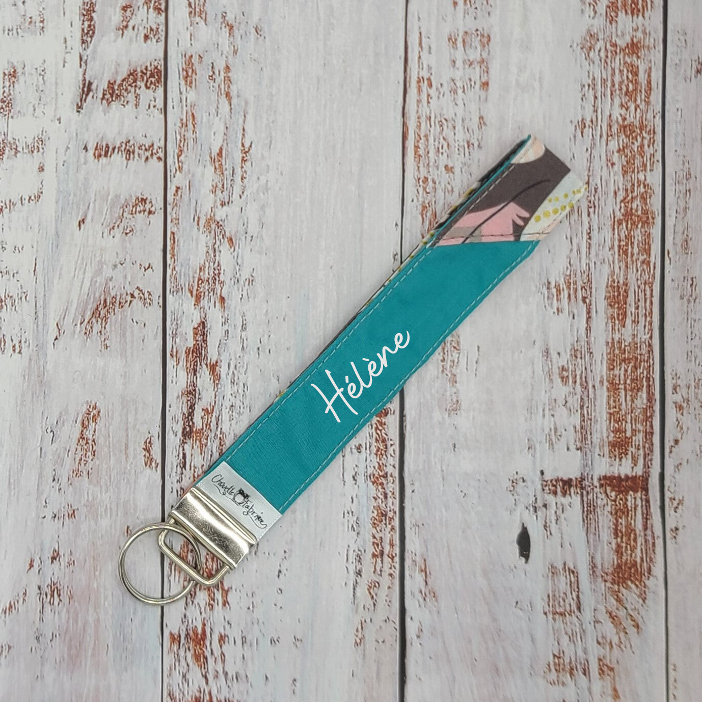 Porte-clé - PERSONNALISÉ - Dragonne - Poignet - Plumes roses et taupes - Bande turquoise