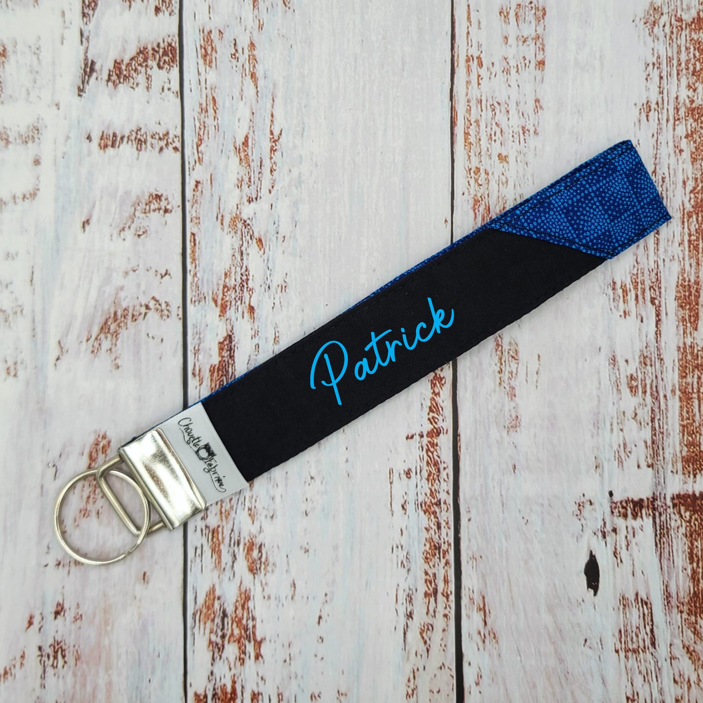 Porte-clé - PERSONNALISÉ - Dragonne - Poignet - Motifs géométriques Tons de bleus - Bande noire