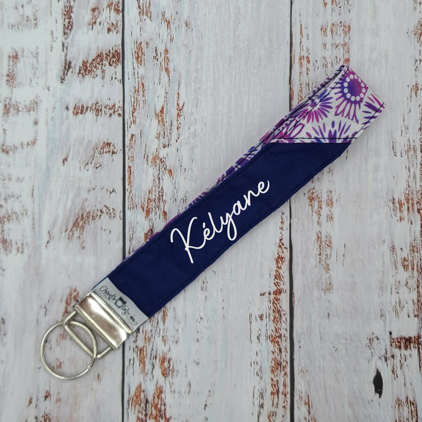 Porte-clé - PERSONNALISÉ - Dragonne - Poignet - Fleurs Marine et Lilas - Bande marine