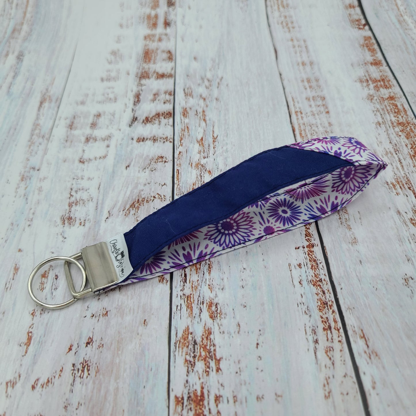 Porte-clé - PERSONNALISÉ - Dragonne - Poignet - Fleurs Marine et Lilas - Bande marine