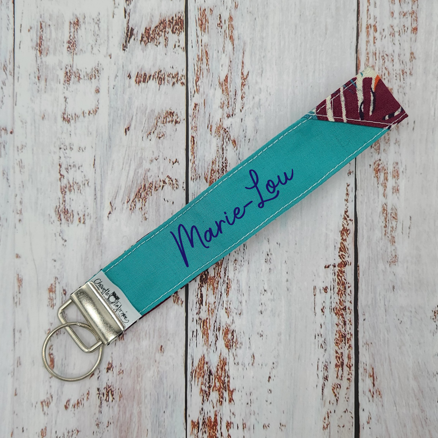Porte-clé - PERSONNALISÉ - Dragonne - Poignet - Fleurs - Feuillages - Bande turquoise