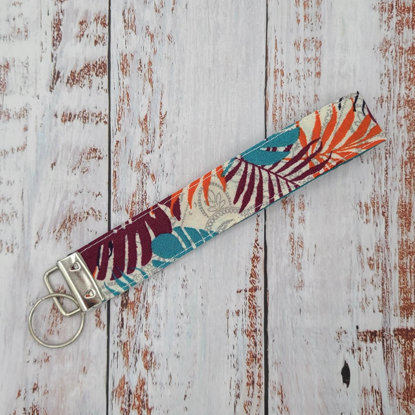 Porte-clé - PERSONNALISÉ - Dragonne - Poignet - Fleurs - Feuillages - Bande turquoise