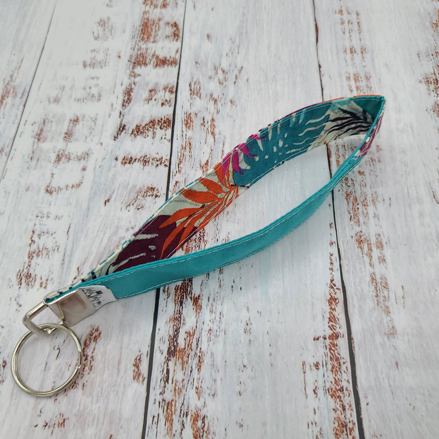 Porte-clé - PERSONNALISÉ - Dragonne - Poignet - Fleurs - Feuillages - Bande turquoise