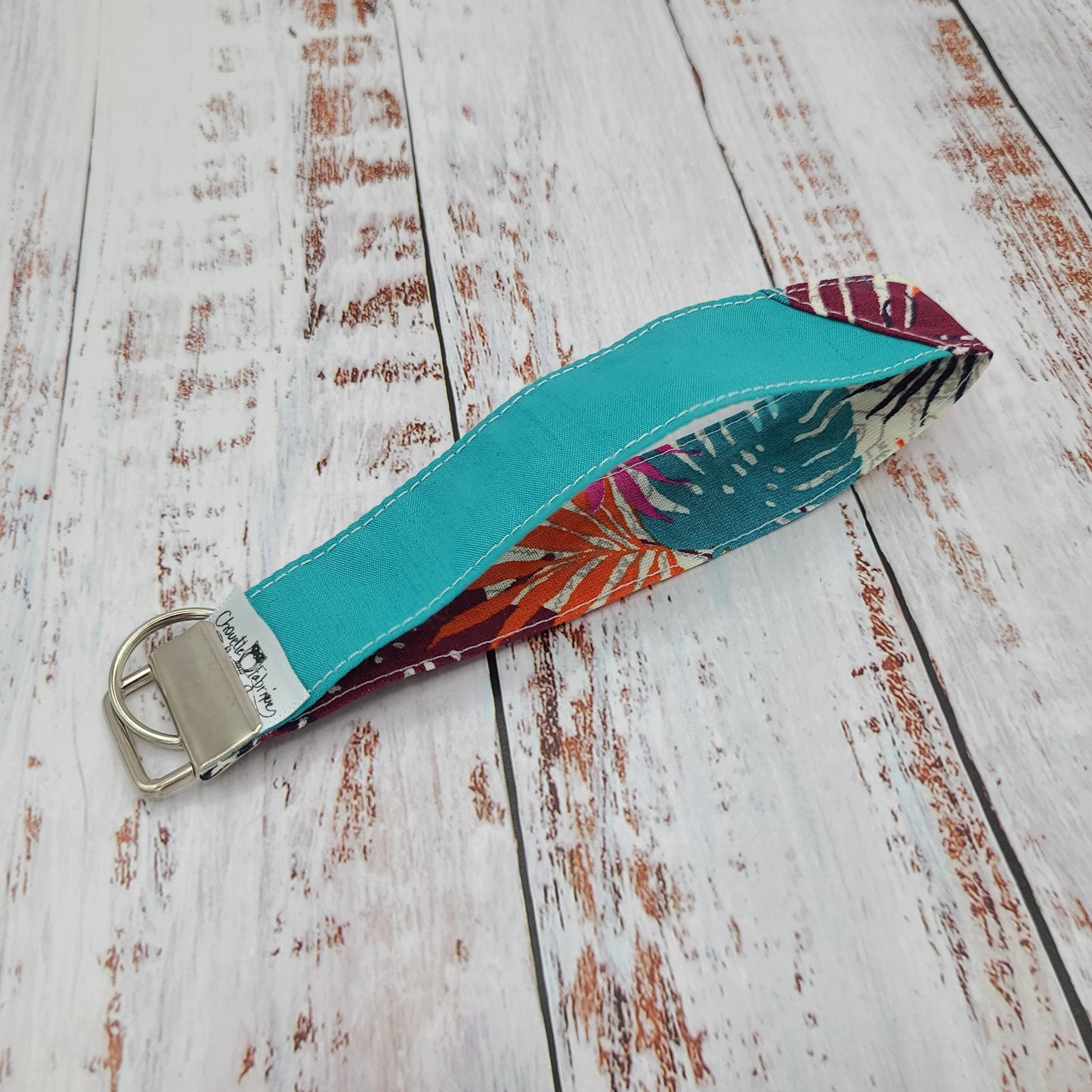 Porte-clé - PERSONNALISÉ - Dragonne - Poignet - Fleurs - Feuillages - Bande turquoise