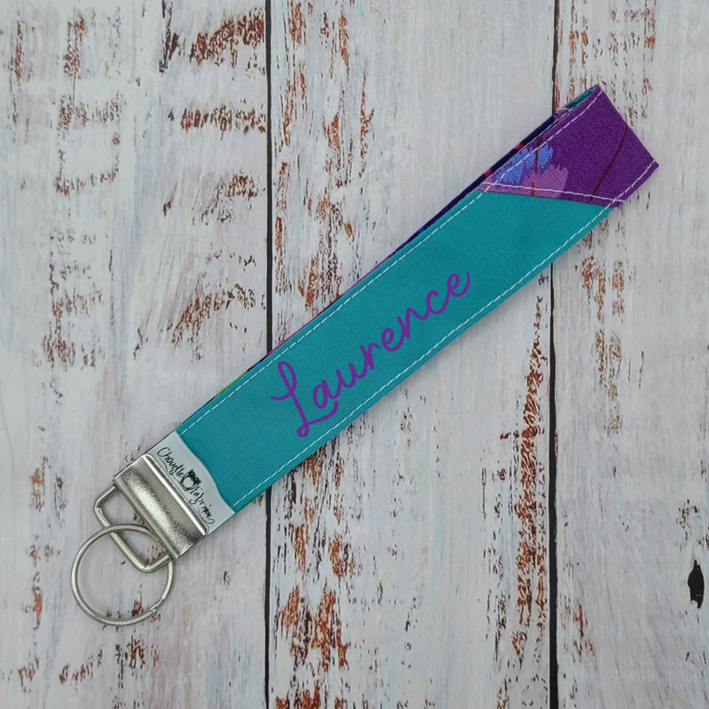 Porte-clé - PERSONNALISÉ - Dragonne - Poignet - Fleurs Lilas/Violet - Bande turquoise