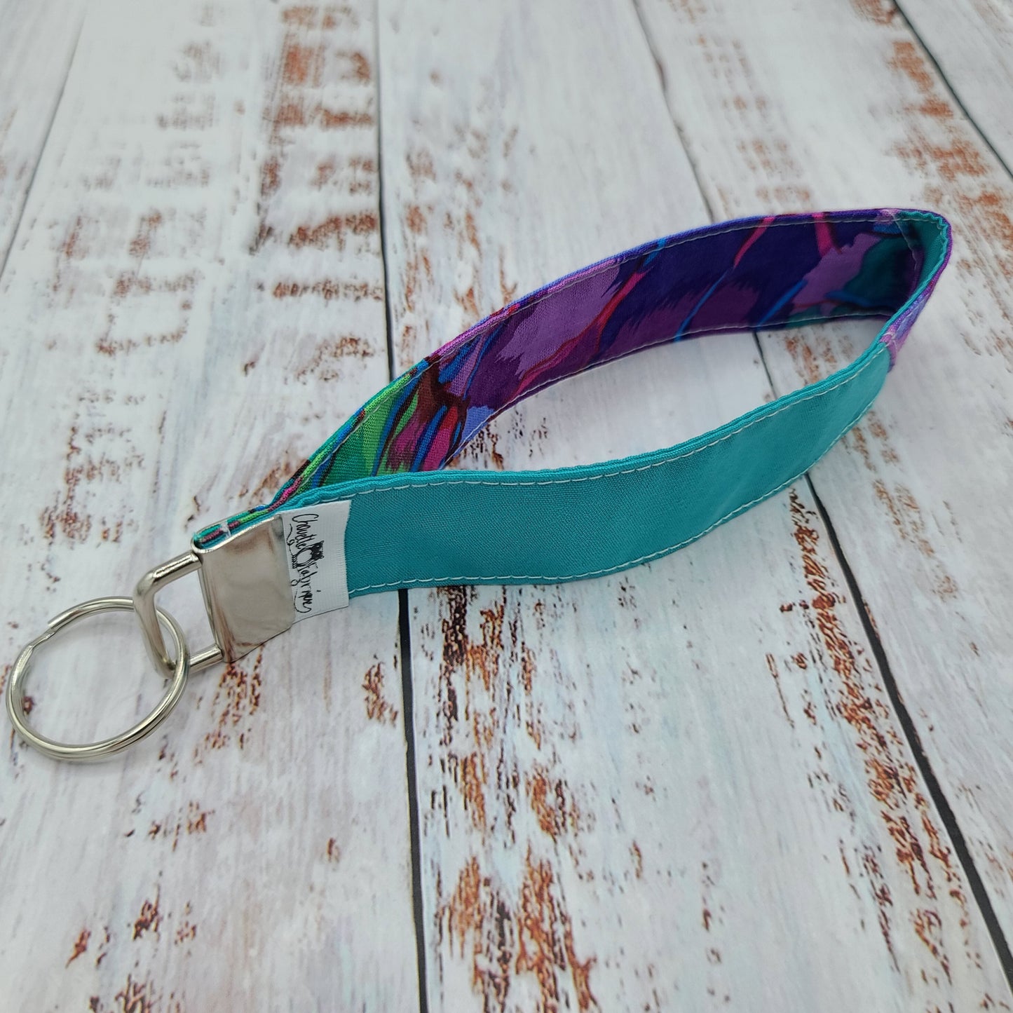 Porte-clé - PERSONNALISÉ - Dragonne - Poignet - Fleurs Lilas/Violet - Bande turquoise