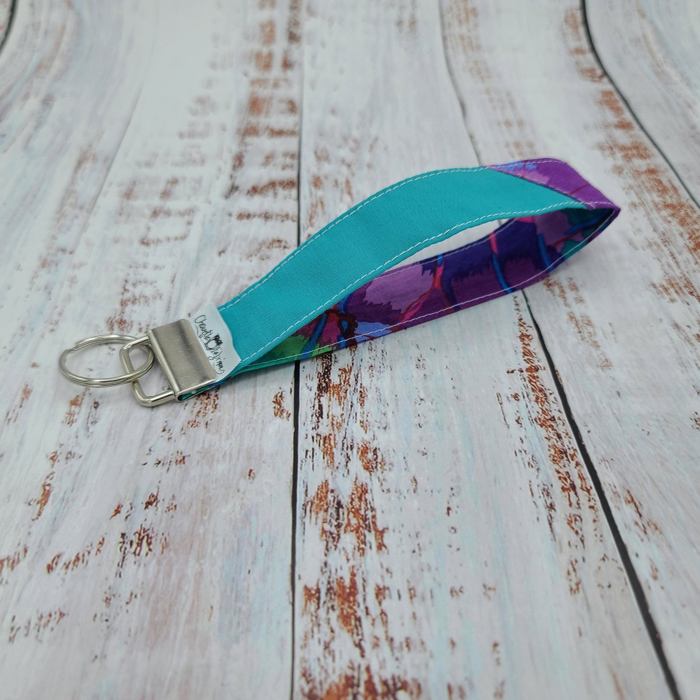 Porte-clé - PERSONNALISÉ - Dragonne - Poignet - Fleurs Lilas/Violet - Bande turquoise