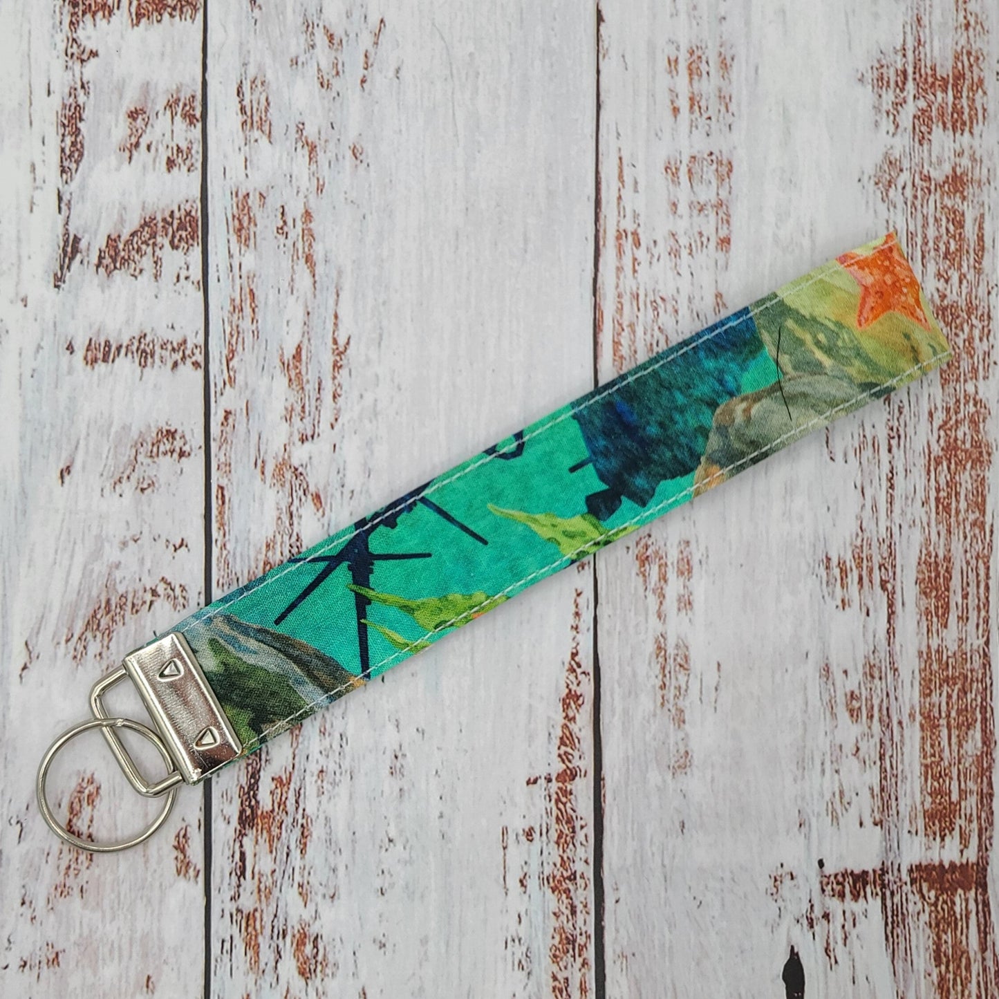 Porte-clé - PERSONNALISÉ - Dragonne - Poignet - Poissons/Fonds marins - Bande turquoise