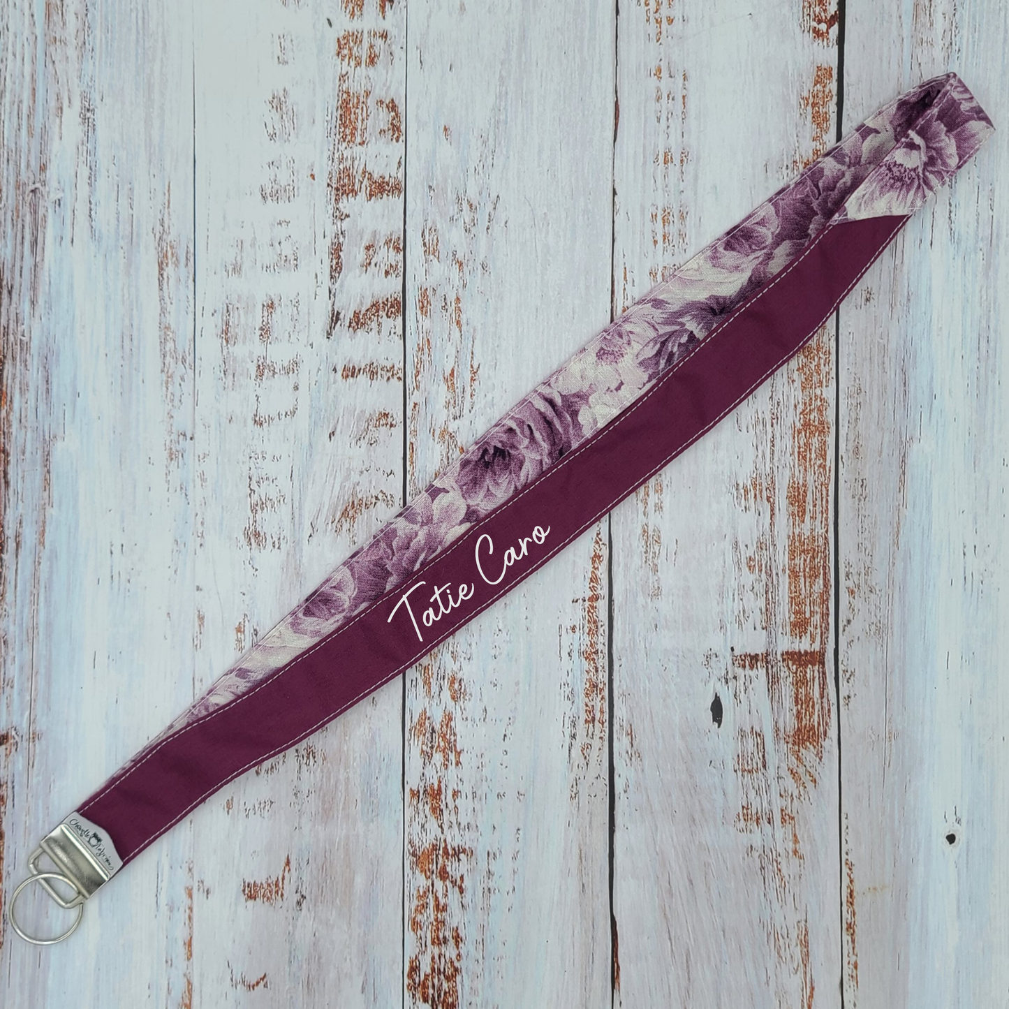 Porte-clé personnalisé (Prénom, Nom, Petite pensée, Enseignants, Merci) - Dragonne - Fleurs Bourgogne/Crème - Bande Bourgogne