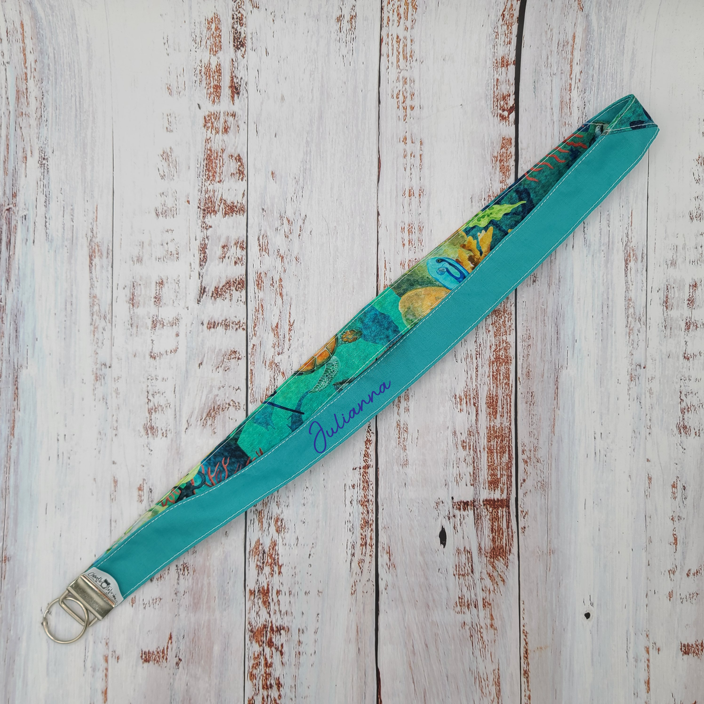 Porte-clé personnalisé (Prénom, Nom, Petite pensée, Enseignants, Merci) - Dragonne - Poissons/Fonds marins - Bande turquoise