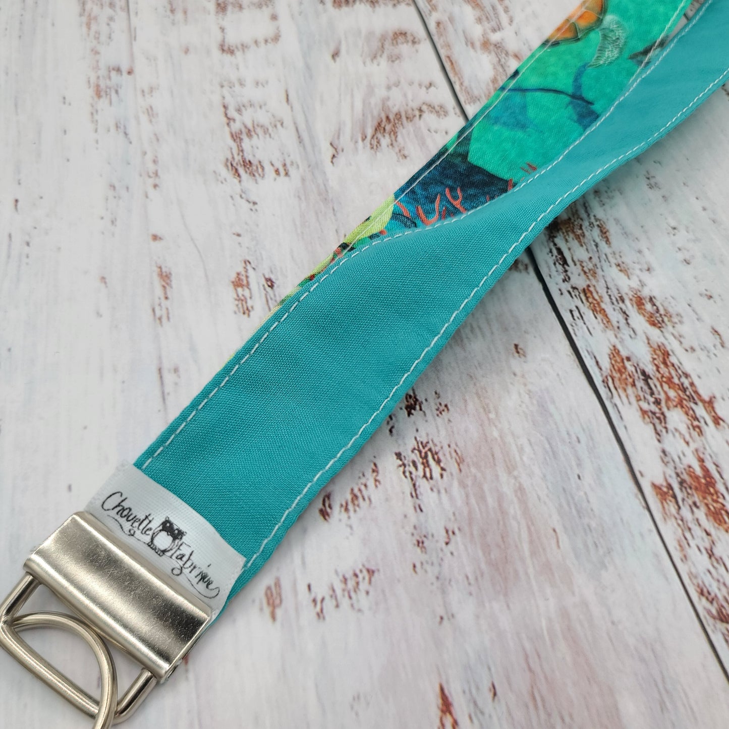 Porte-clé personnalisé (Prénom, Nom, Petite pensée, Enseignants, Merci) - Dragonne - Poissons/Fonds marins - Bande turquoise