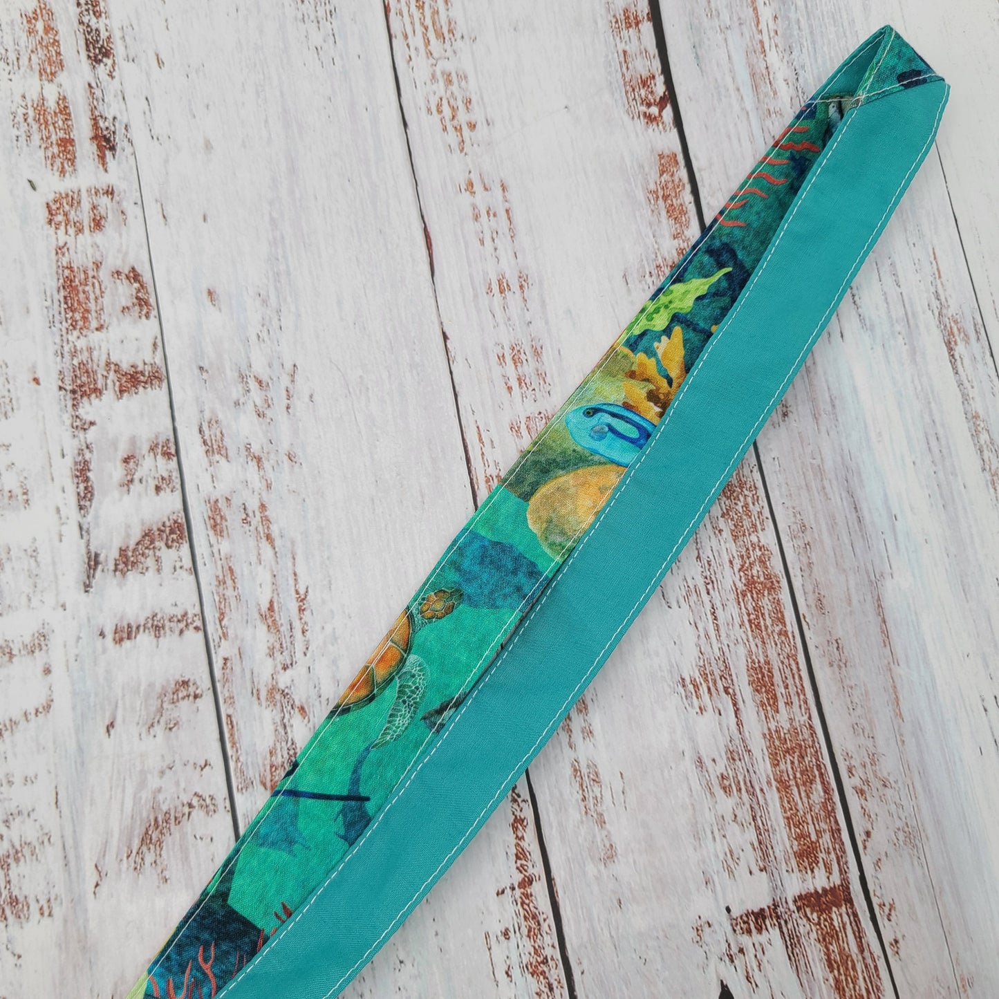 Porte-clé personnalisé (Prénom, Nom, Petite pensée, Enseignants, Merci) - Dragonne - Poissons/Fonds marins - Bande turquoise