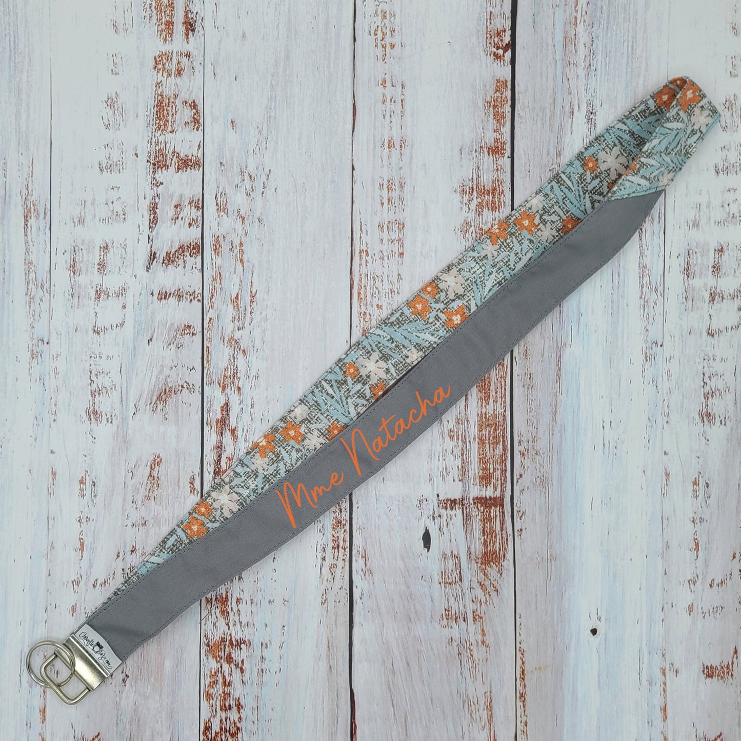 Porte-clé personnalisé (Prénom, Nom, Petite pensée, Enseignants, Merci) - Dragonne - Fleurs Orange/Bleu/Taupe/Gris