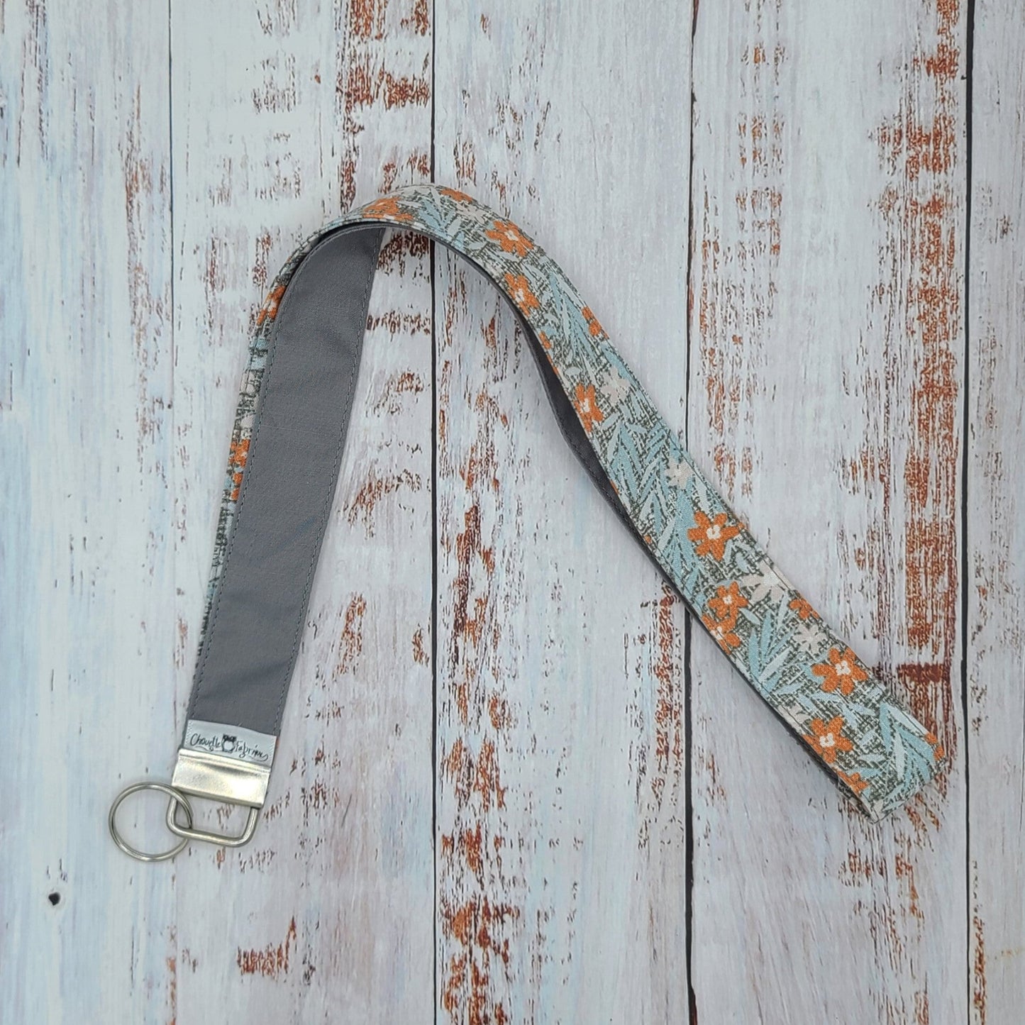Porte-clé personnalisé (Prénom, Nom, Petite pensée, Enseignants, Merci) - Dragonne - Fleurs Orange/Bleu/Taupe/Gris
