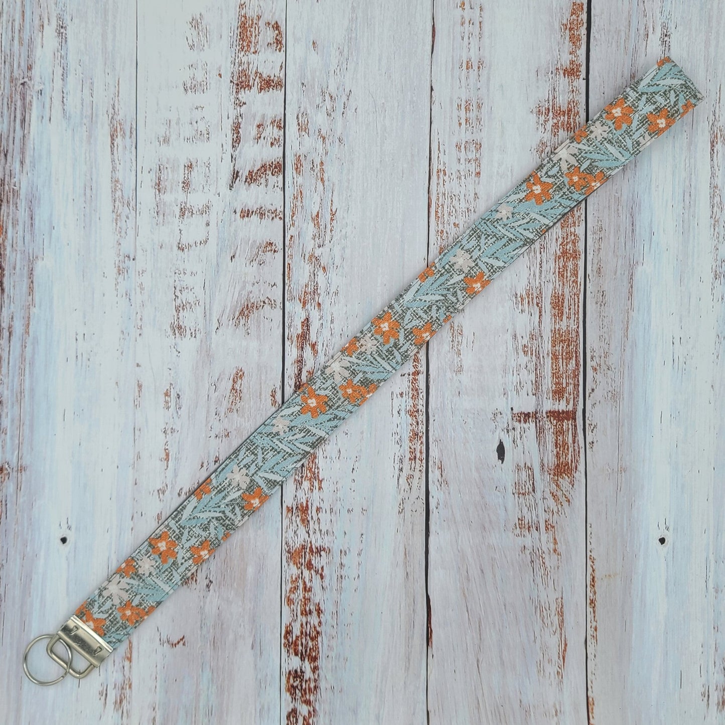 Porte-clé personnalisé (Prénom, Nom, Petite pensée, Enseignants, Merci) - Dragonne - Fleurs Orange/Bleu/Taupe/Gris