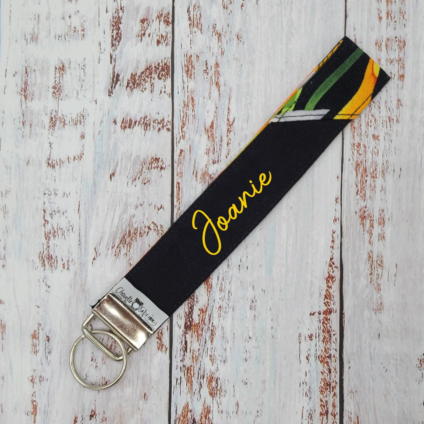 Porte-clé - PERSONNALISÉ - Dragonne - Poignet - Fleurs - Hibiscus orangés - Bande noire