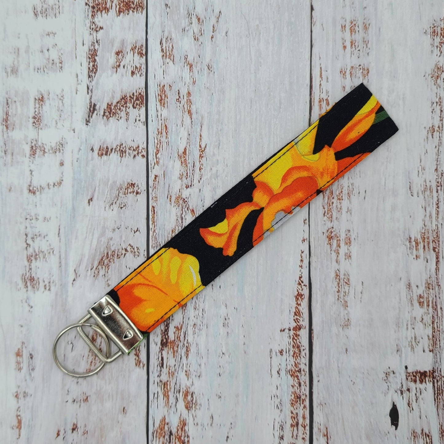 Porte-clé - PERSONNALISÉ - Dragonne - Poignet - Fleurs - Hibiscus orangés - Bande noire