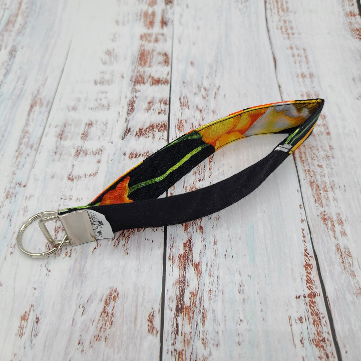 Porte-clé - PERSONNALISÉ - Dragonne - Poignet - Fleurs - Hibiscus orangés - Bande noire
