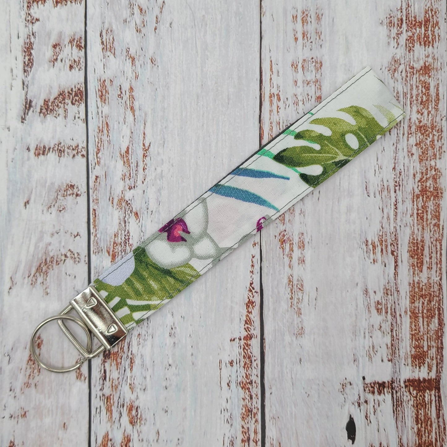 Porte-clé - PERSONNALISÉ - Dragonne - Poignet - Fleurs et Flamants - Bande grise foncée