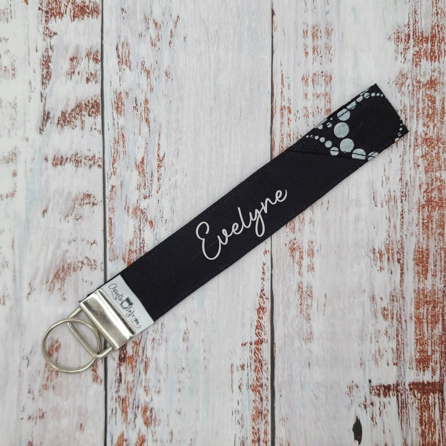 Porte-clé - PERSONNALISÉ - Dragonne - Poignet - Bijoux/Bulles argentées (Petit motif)- Bande noire