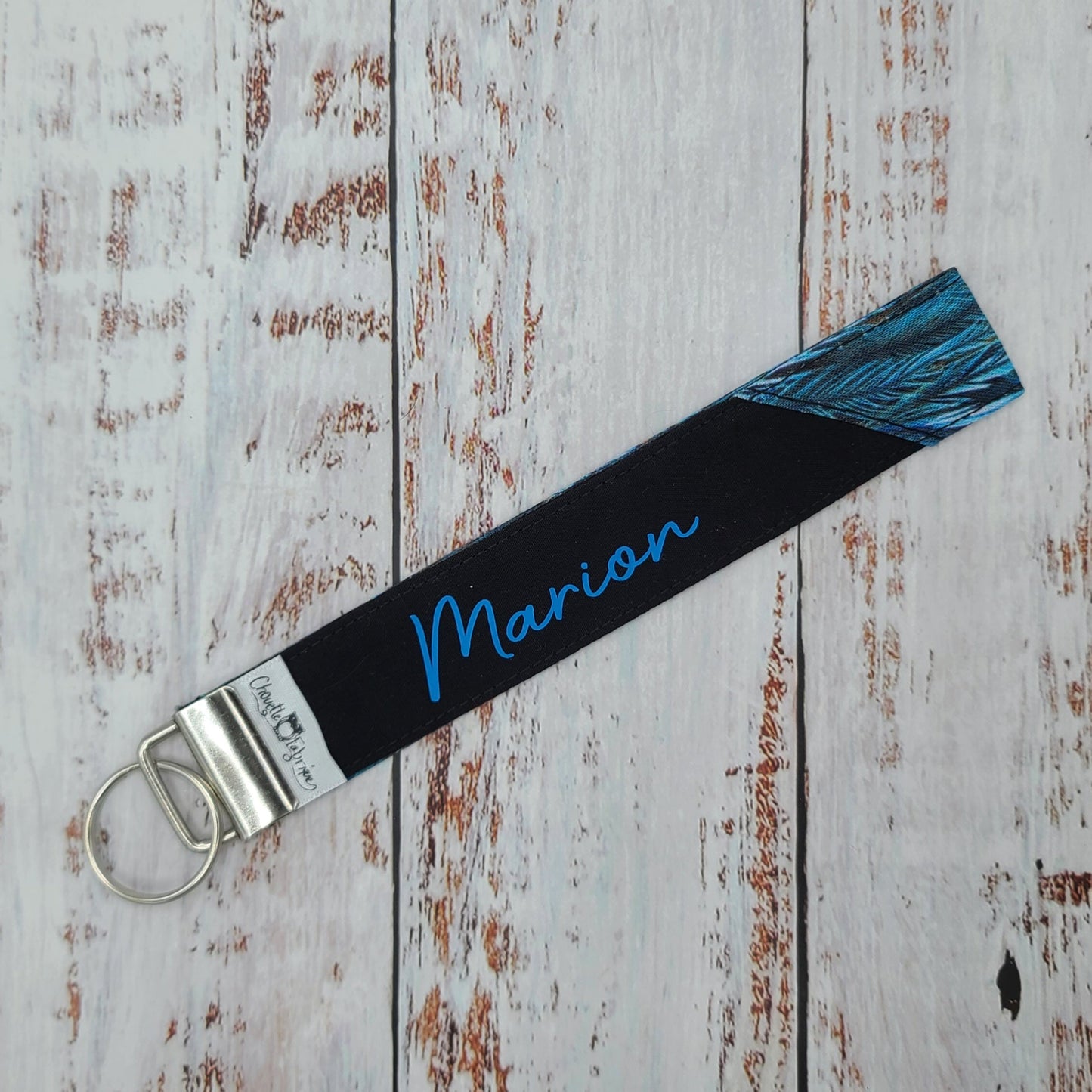 Porte-clé - PERSONNALISÉ - Dragonne - Poignet - Plumes Bleues - Bande noire