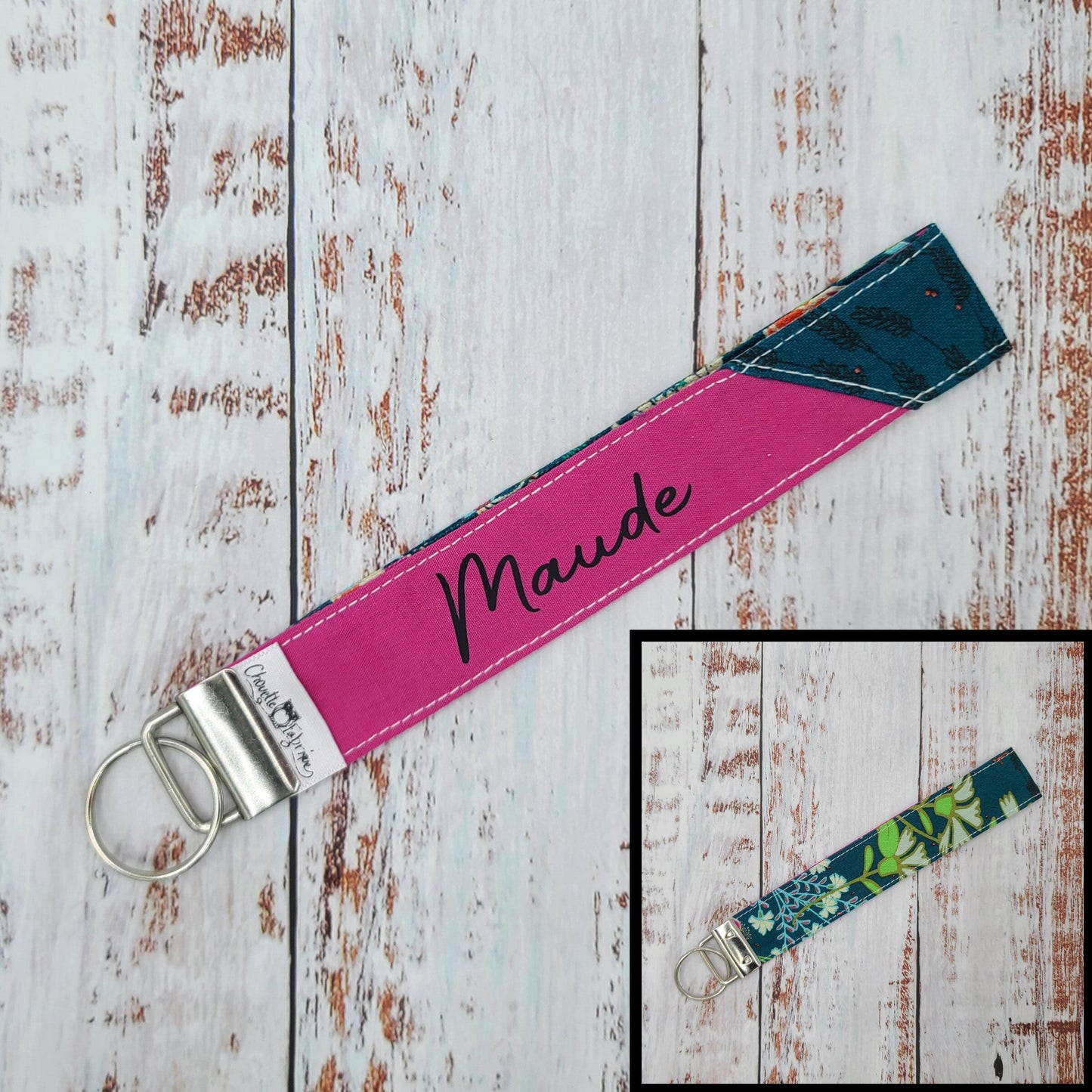 Porte-clé - PERSONNALISÉ - Dragonne - Poignet - Fleurs sur tiges - Bande fuchsia