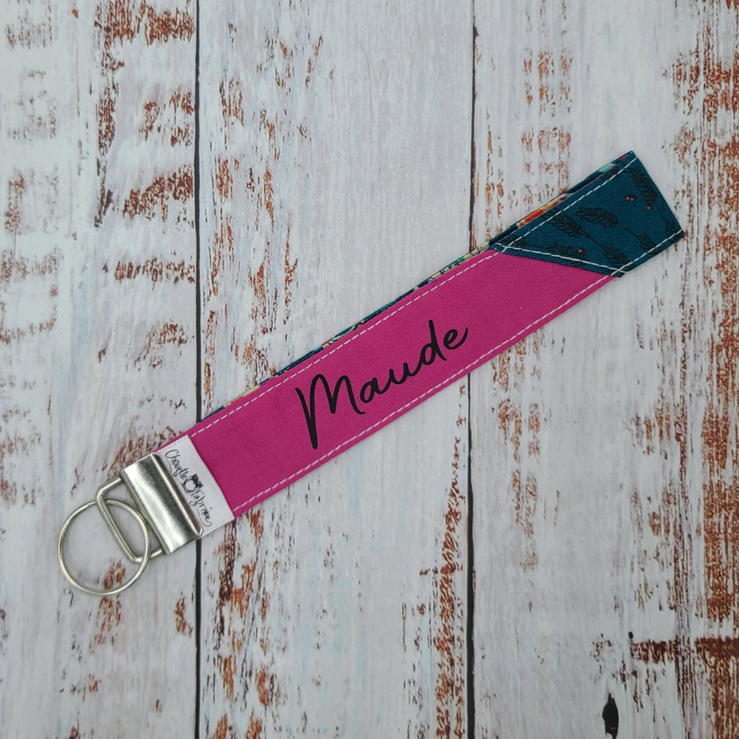 Porte-clé - PERSONNALISÉ - Dragonne - Poignet - Fleurs sur tiges - Bande fuchsia