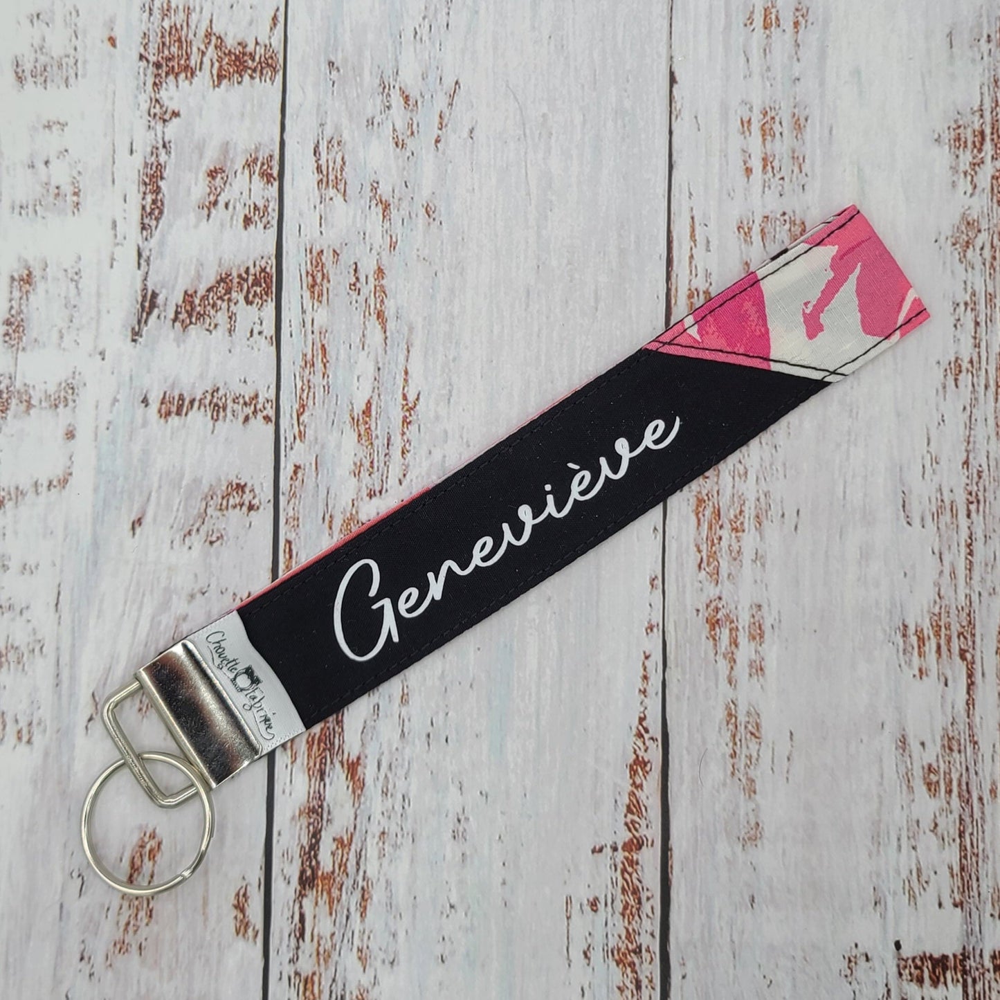 Porte-clé - PERSONNALISÉ - Dragonne - Poignet - Fleurs Corail sur fond blanc - Bande noire