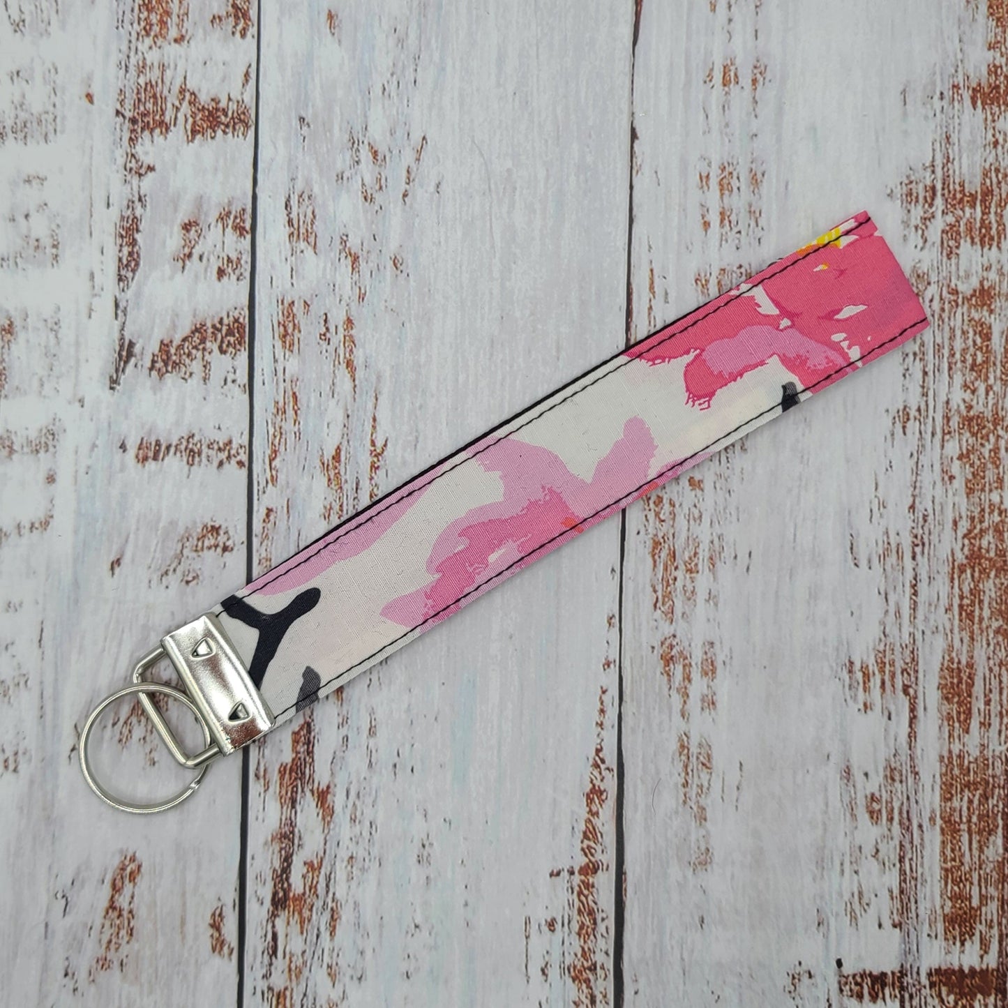 Porte-clé - PERSONNALISÉ - Dragonne - Poignet - Fleurs Corail sur fond blanc - Bande noire