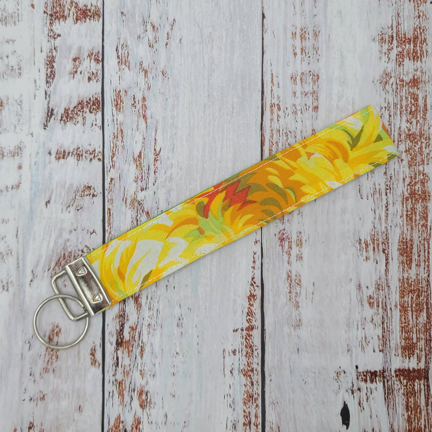 Porte-clé - PERSONNALISÉ - Dragonne - Poignet - Fleurs Jaunes, vertes et orangées - Bande verte