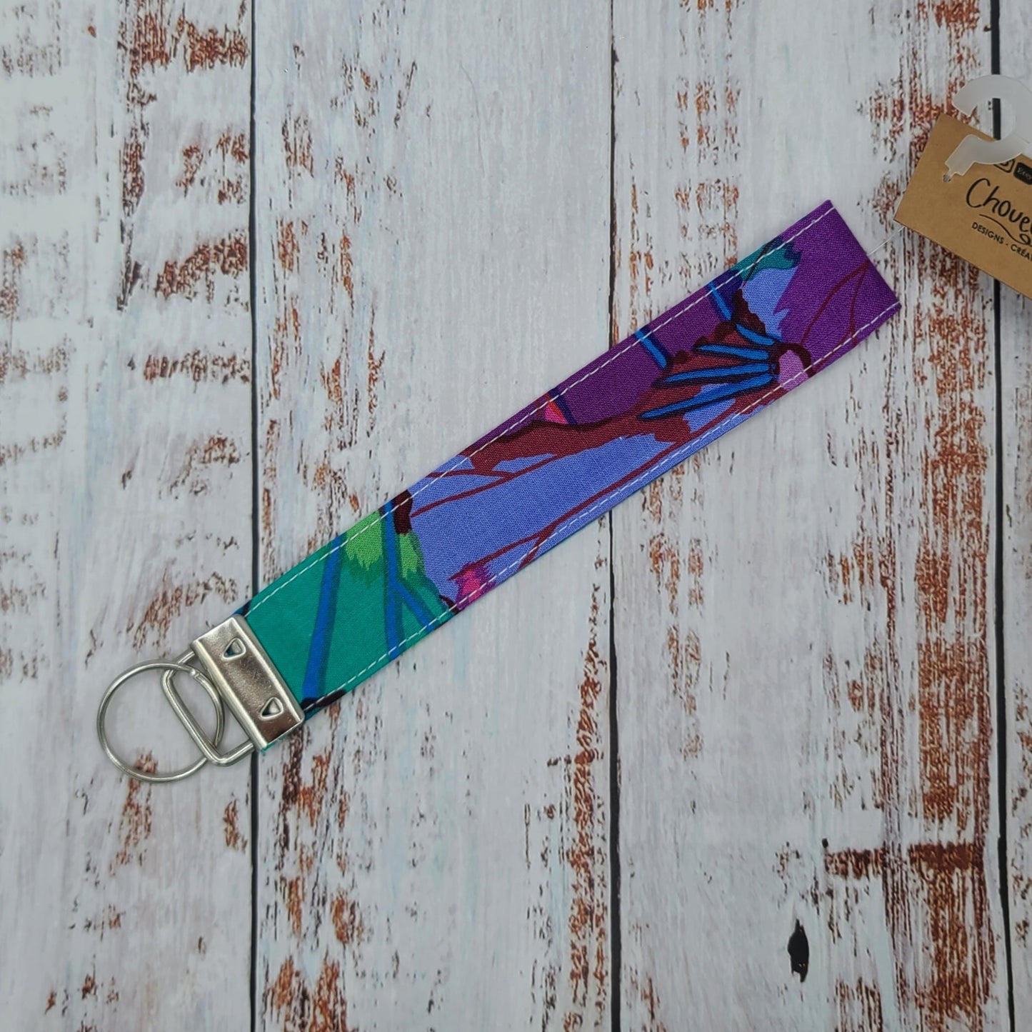 Porte-clé - PERSONNALISÉ - Dragonne - Poignet - Fleurs Lilas/Violet - Bande turquoise