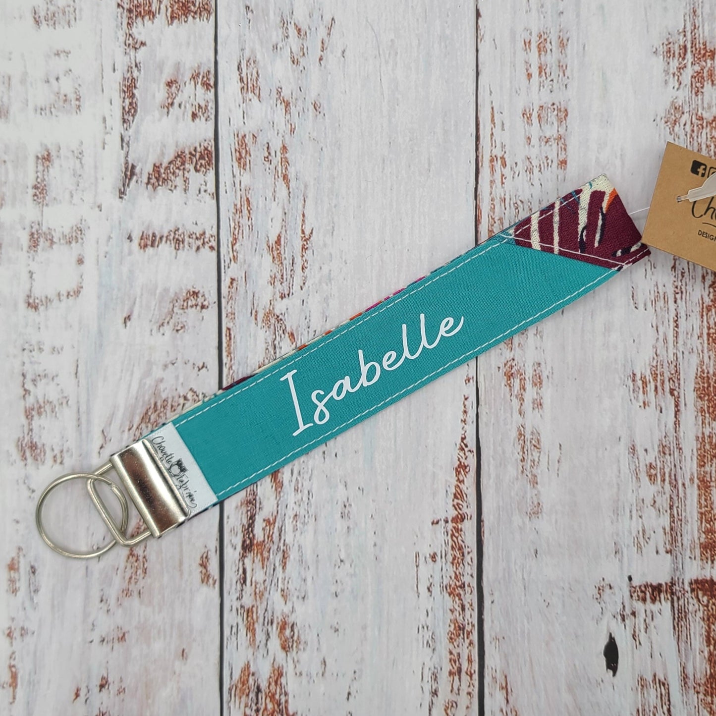 Porte-clé - PERSONNALISÉ - Dragonne - Poignet - Fleurs - Feuillages - Bande turquoise
