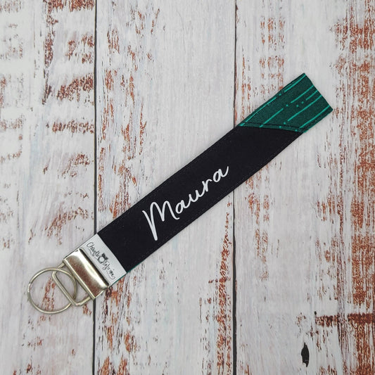 Porte-clé - PERSONNALISÉ - Dragonne - Poignet - Lignes aqua sur fond teal - Bande noire