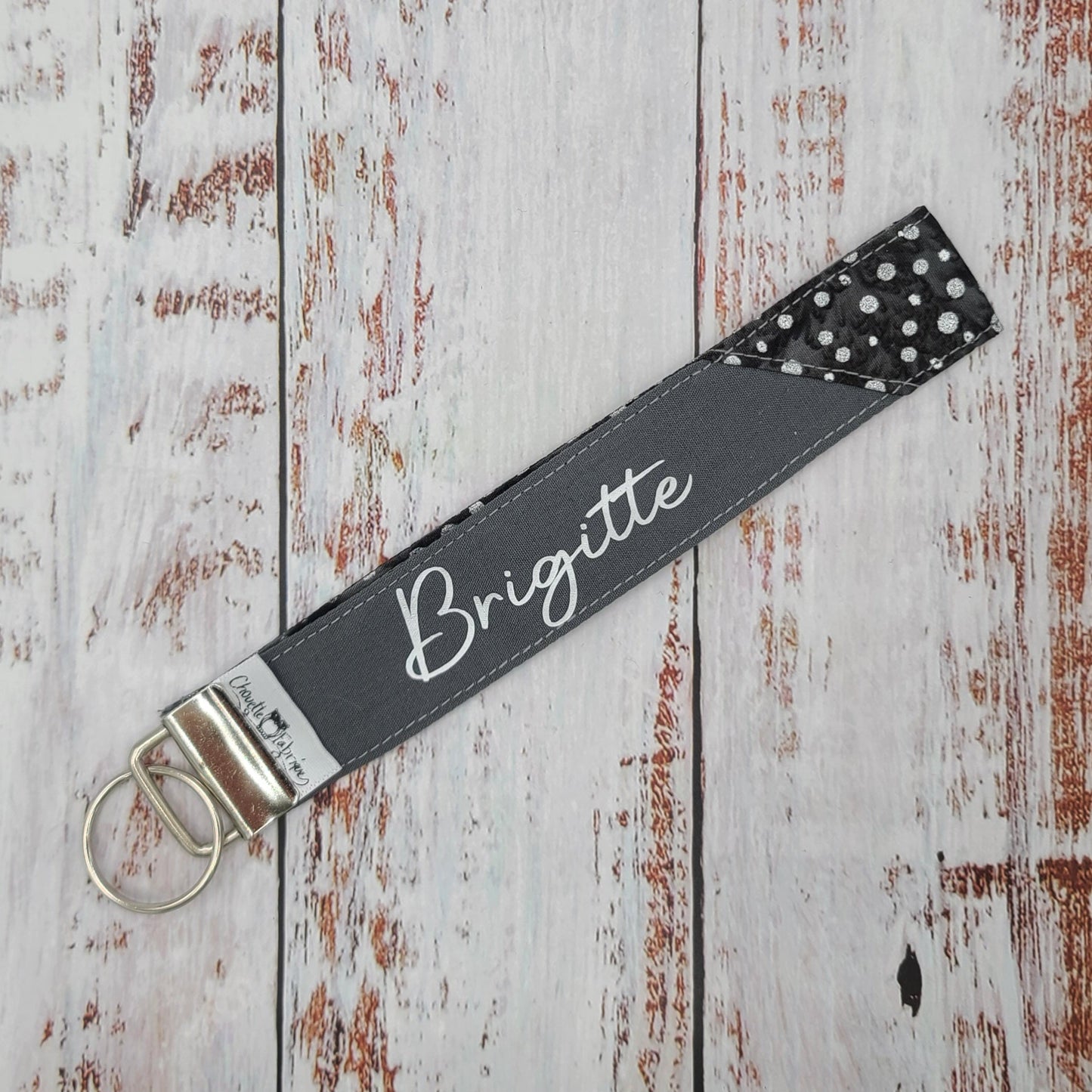 Porte-clé - PERSONNALISÉ - Dragonne - Poignet - Pois argentés - Bande grise foncée